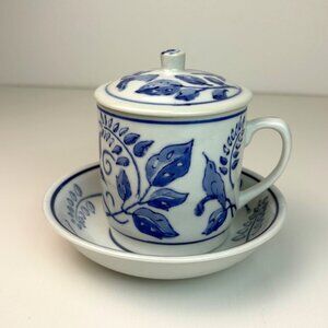 VTG Williams-Sonoma IDG Blue & White‎ Porcelain Tea Cup Lid Saucer Chinoiserie